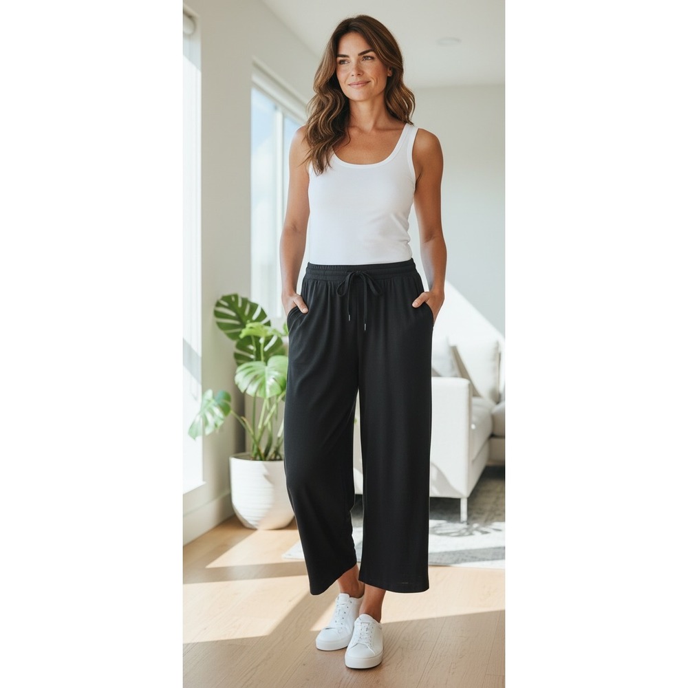 Athleta Black Wide Leg‎ Lounge Pants Drawstring Fleece Lined Size L